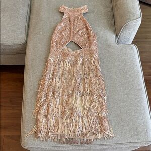SHEIN Sequin and Fringe Dress in Champagne